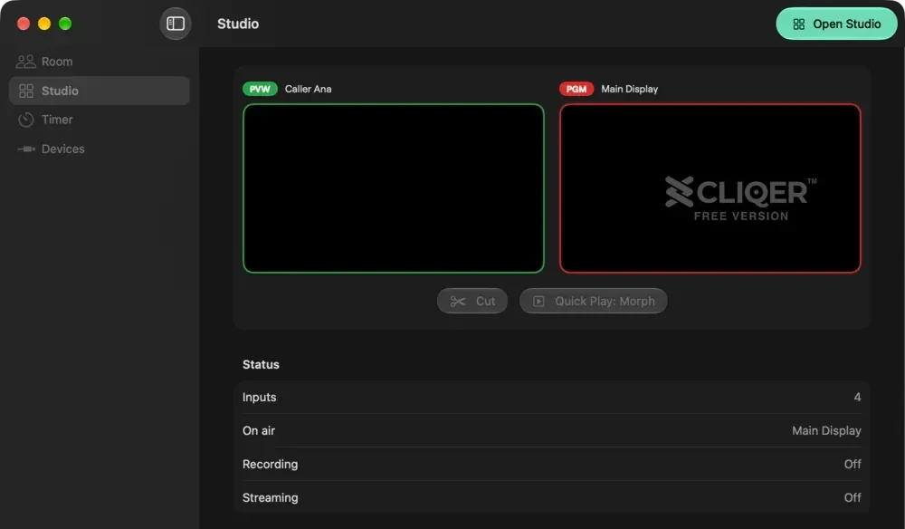 The Studio panel in the Cliqer main window on a Mac in dark mode with Preview and Program above a status list