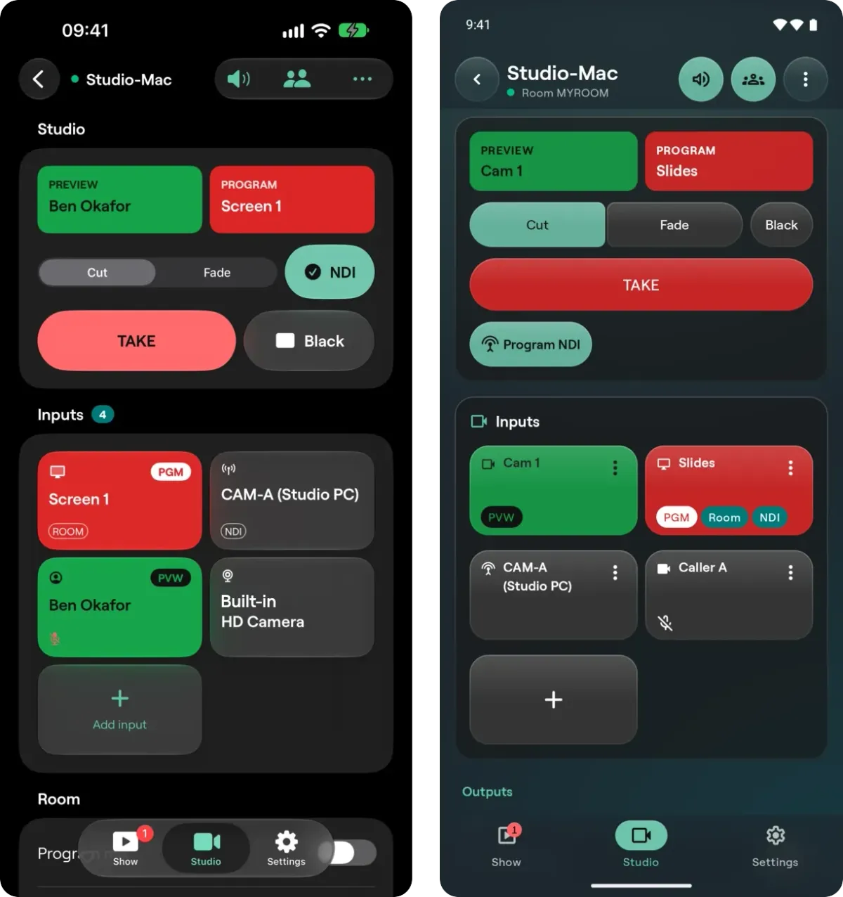 The Studio tab of Cliqer Remote on an iPhone and an Android phone with Preview and Program, Cut and Fade, TAKE and the input tiles