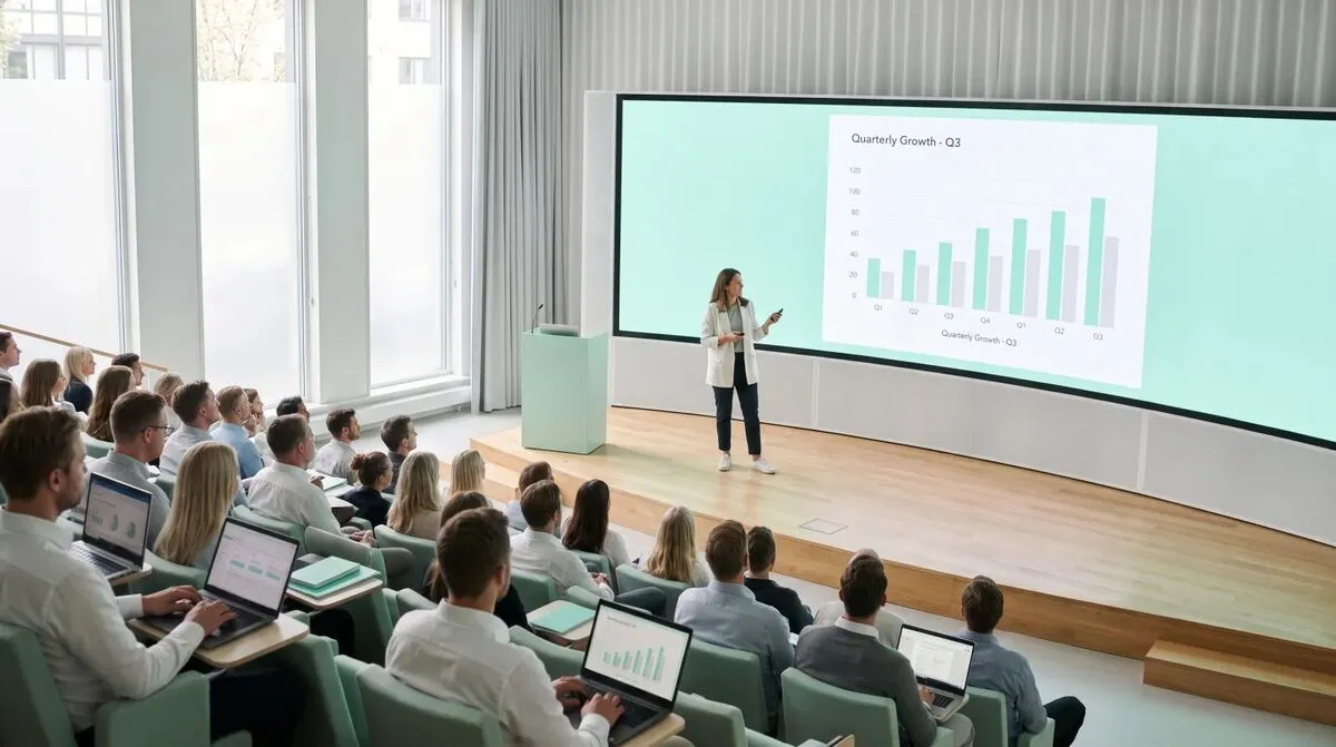 Presenter standing confidently beside a large display showing a softly blurred PowerPoint slide, phone in hand, small seated audience in soft focus