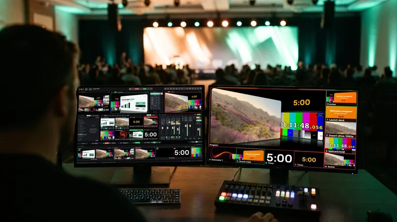 An operator at the back of a conference hall running Cliqer Studio on one monitor and its Multiview on another, the stage far ahead