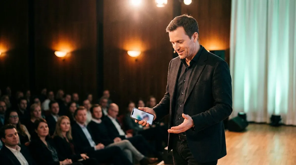 Speaker on stage glancing briefly at a phone in hand while maintaining eye contact with the audience