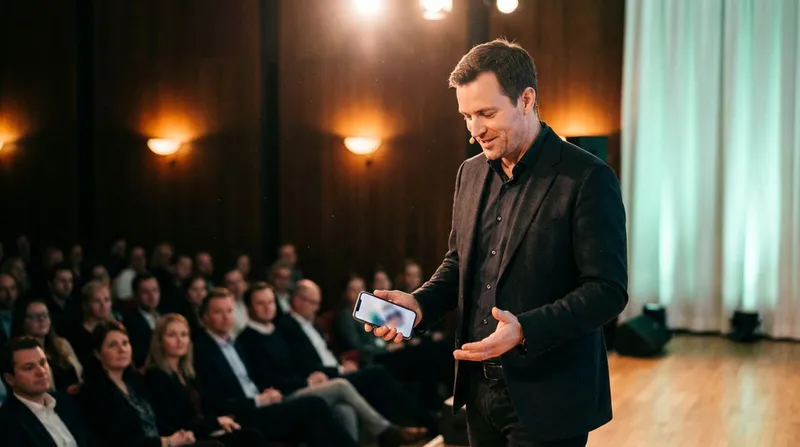 Speaker on stage glancing briefly at a phone in hand while maintaining eye contact with the audience