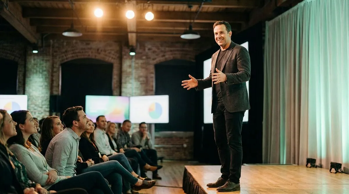 Speaker gesturing openly toward an audience while standing away from a podium in a conference hall