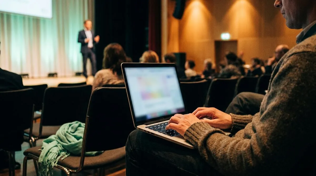 Audience member using a laptop with live captions visible while watching a presentation