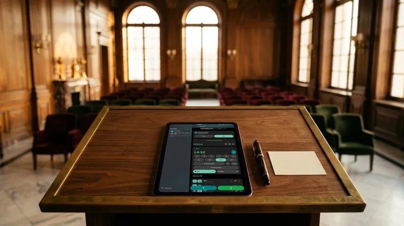 An Android tablet running Cliqer Remote on a walnut lectern in a panelled room at golden hour
