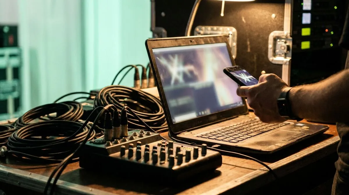 A laptop backstage shows a room code on screen while a hand holds a phone displaying a matching connection screen