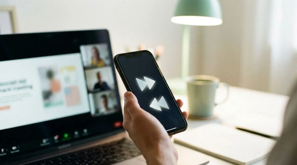 Laptop mid-screen-share in a video call app, a hand nearby holding a phone with simple control buttons