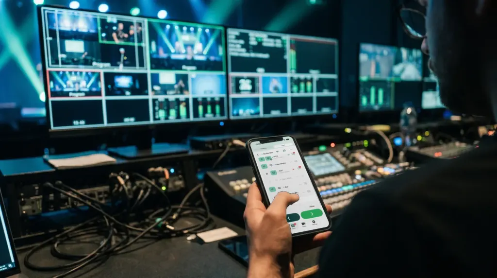 An AV operator at a control desk in front of a wall of screens, holding a phone that runs Cliqer Remote