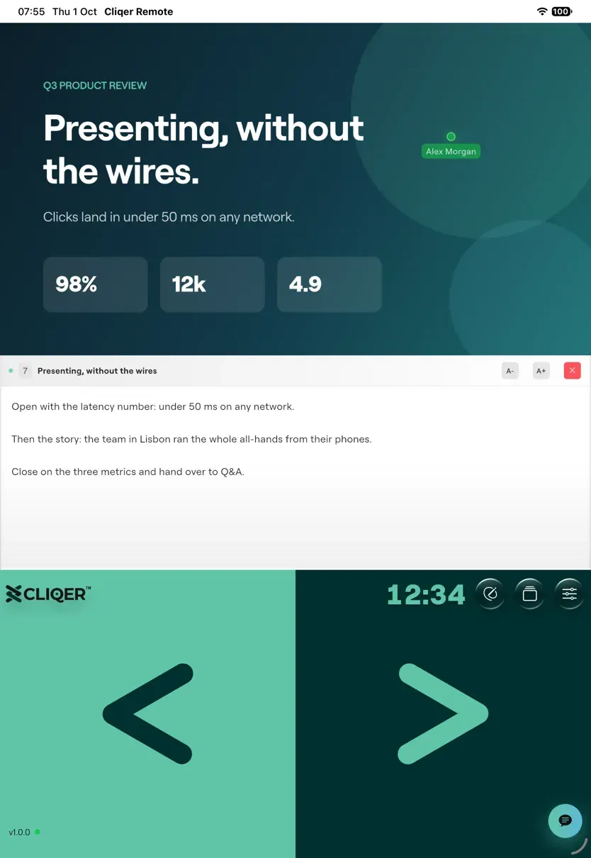Cliqer Remote on an iPad: the shared slide with a laser dot, speaker notes under it, a timer and big Back and Next tiles