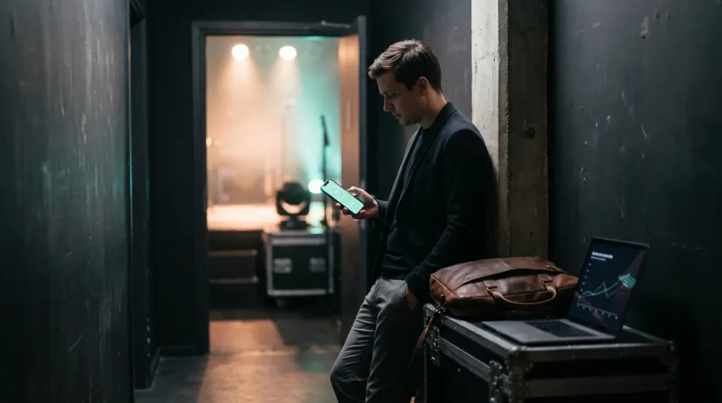 A crew member beside a flight case checking a phone, with the lit stage and screen through the doorway behind
