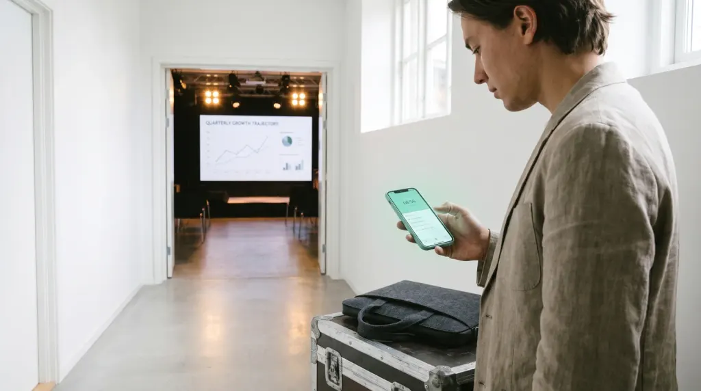 A crew member beside a flight case checking a phone, with the lit stage and screen through the doorway behind