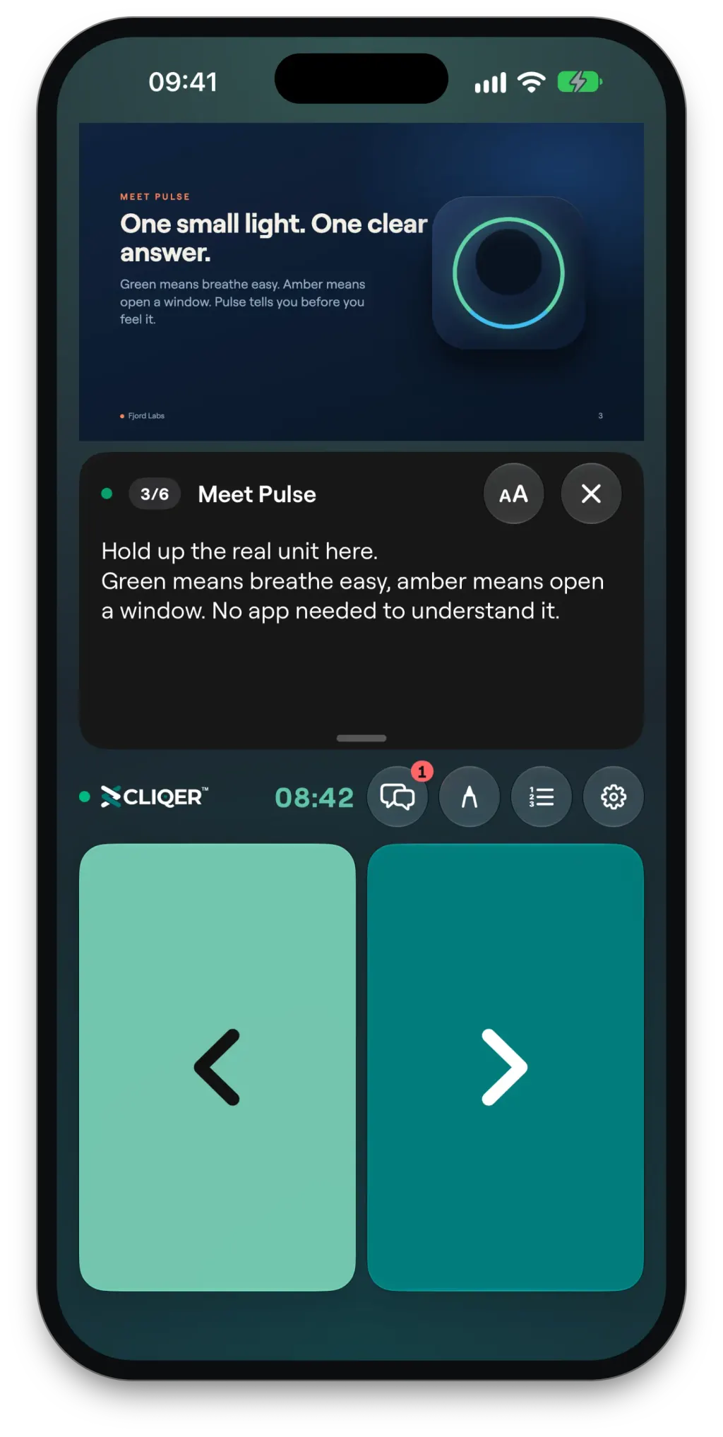Cliqer Remote on an iPhone: the shared slide, the speaker notes under it, and the big Back and Next tiles