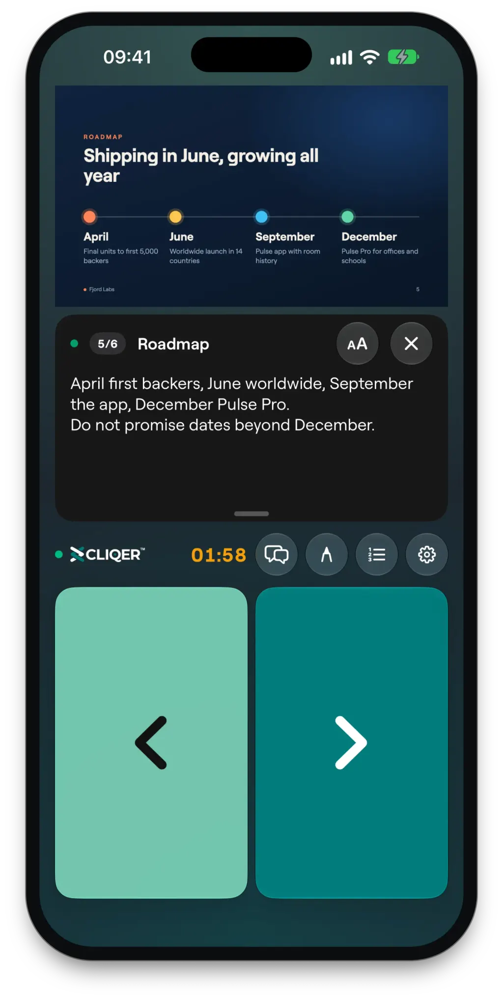 Cliqer Remote on an iPhone: notes for the roadmap slide and an amber countdown as time runs short