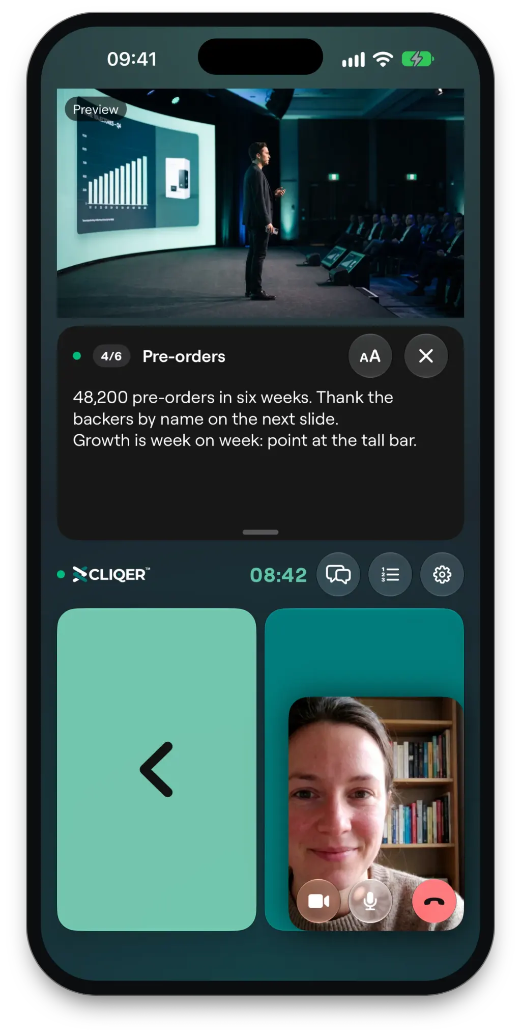 Cliqer Remote on an iPhone: a camera self view with camera, microphone and hang up buttons while calling in