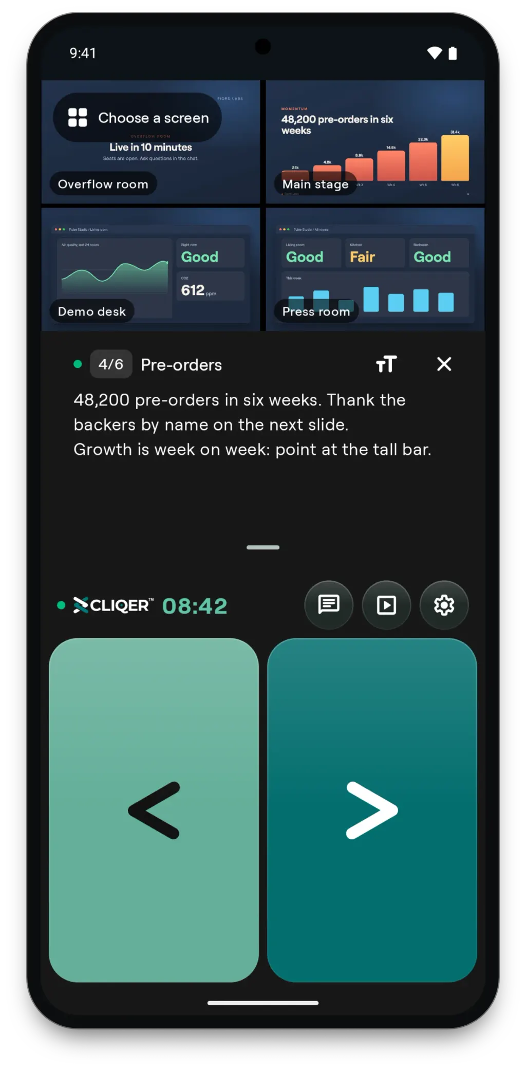 Cliqer Remote on an Android phone: a grid of every host screen in the room, with a Choose a screen tile