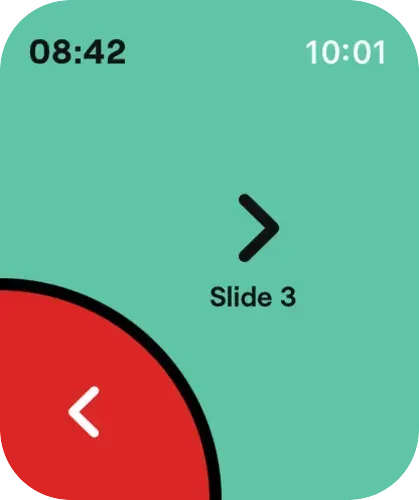 Cliqer Remote on an Apple Watch: a large Next arrow, the slide number, the room timer and a red Back button in the corner