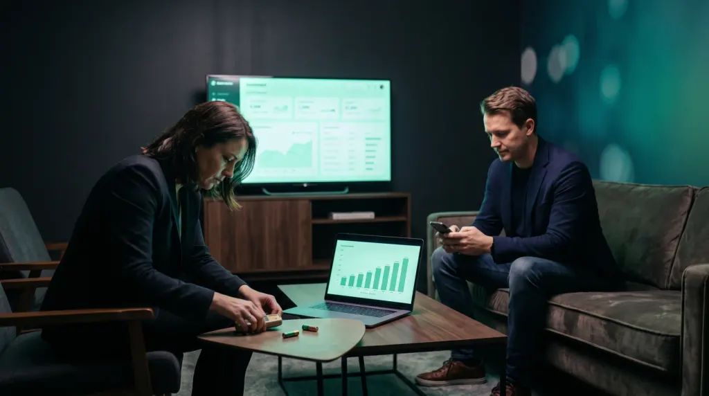 Two conference speakers in a green room, one fumbling with an old hardware presentation clicker while the other waits calmly with just a phone