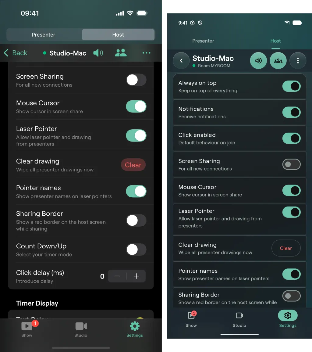 Der Tab Einstellungen auf iPhone und Android, gescrollt zur Gruppe Verhalten, mit der Zeile Zeichnung löschen und ihrer Schaltfläche Löschen unter Laserpointer