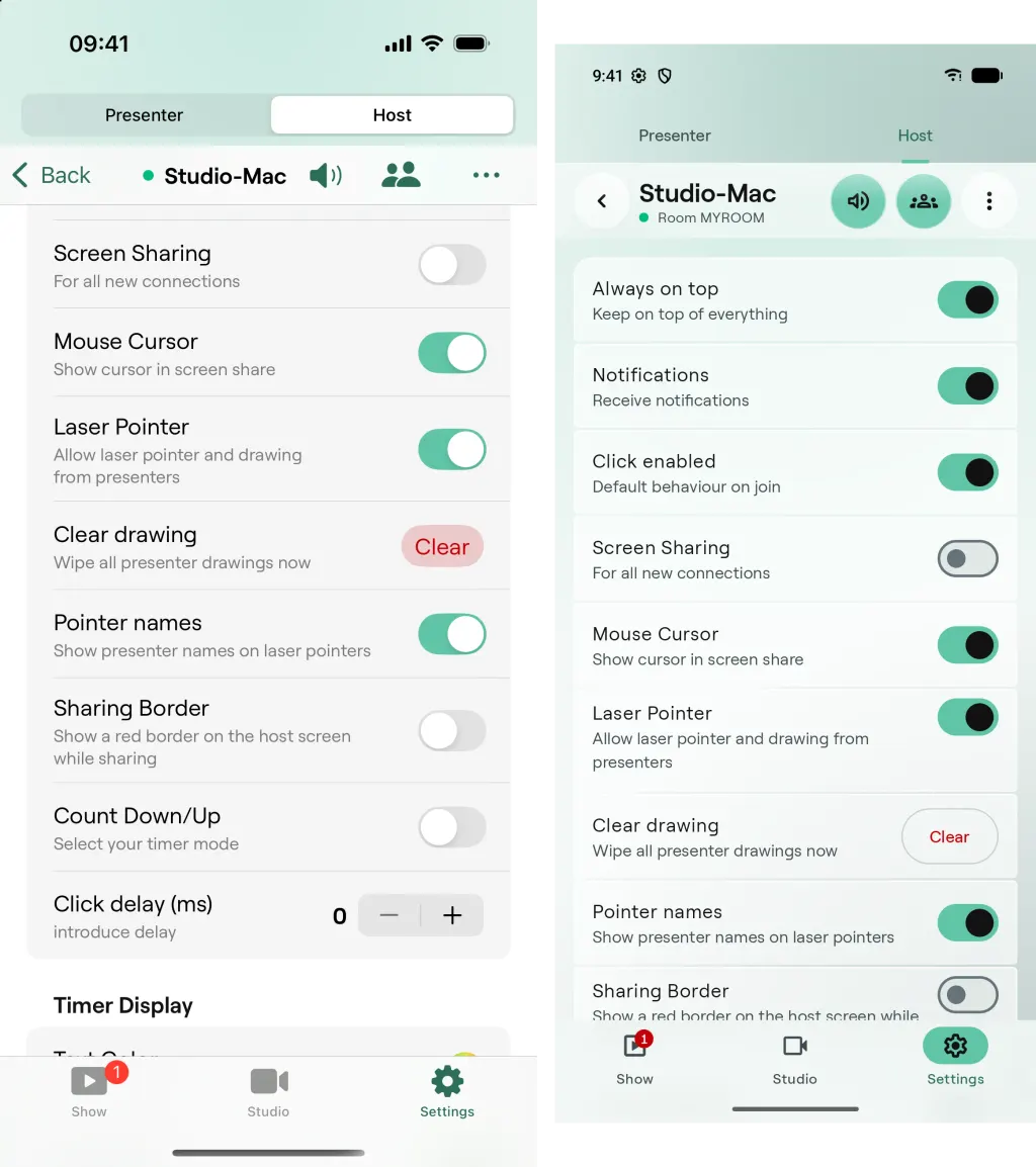 Der Tab Einstellungen auf iPhone und Android, gescrollt zur Gruppe Verhalten, mit der Zeile Zeichnung löschen und ihrer Schaltfläche Löschen unter Laserpointer