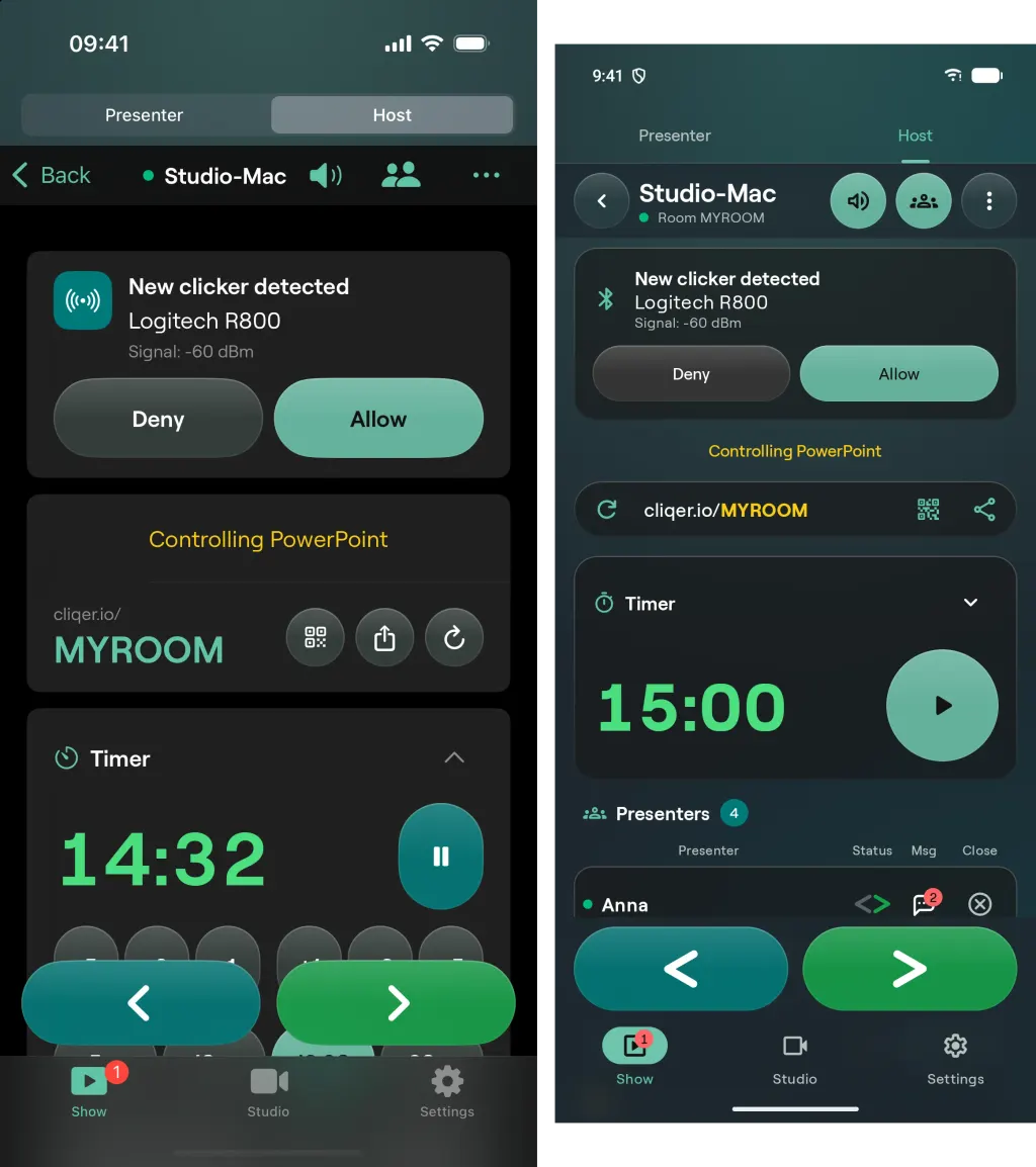 Der Tab Show von „Host steuern“ auf iPhone und Android mit einer Karte für einen neuen Presenter, dem Raumlink, dem Timer und den Schaltflächen Zurück und Weiter