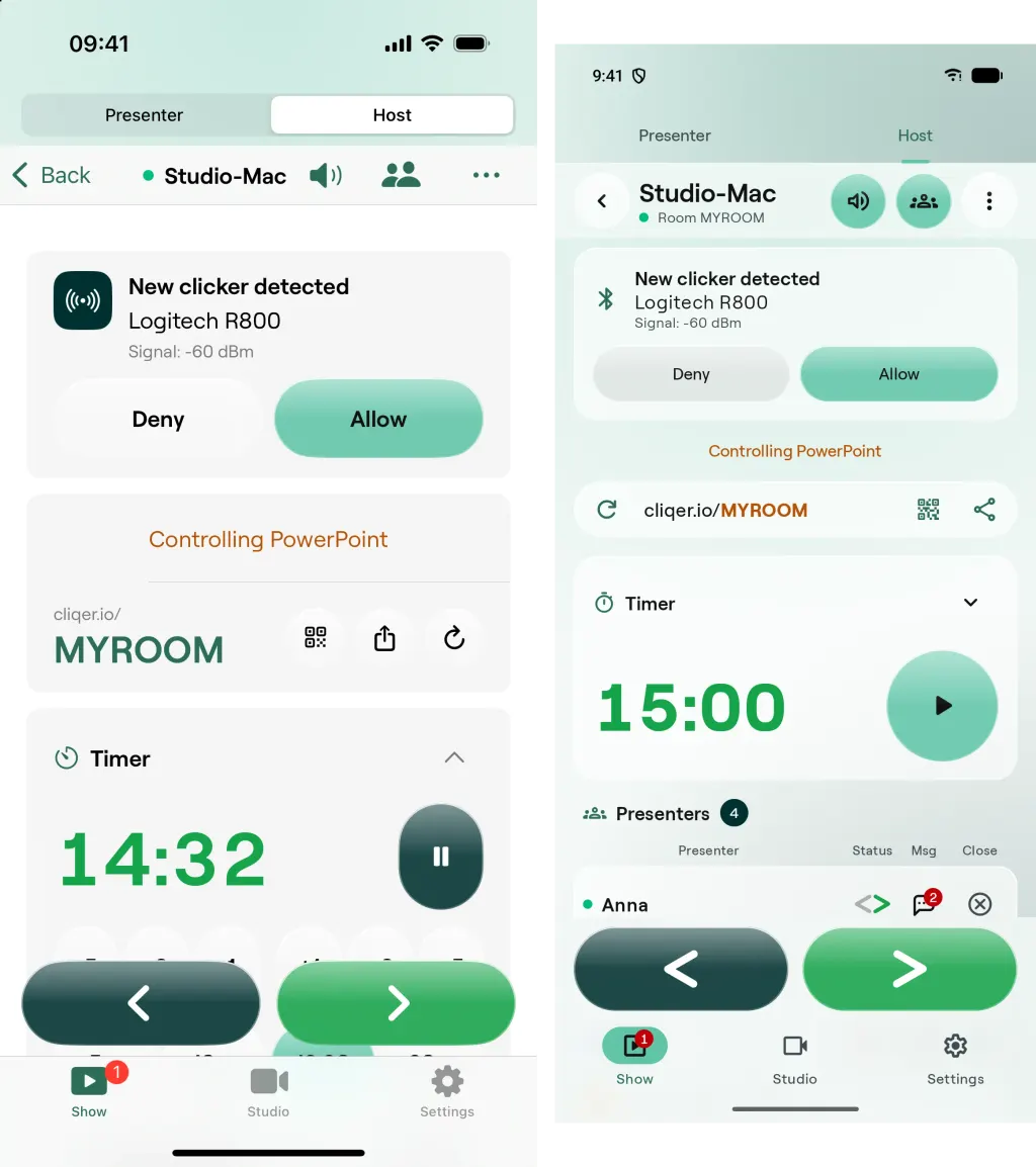 Der Tab Show von „Host steuern“ auf iPhone und Android mit einer Karte für einen neuen Presenter, dem Raumlink, dem Timer und den Schaltflächen Zurück und Weiter