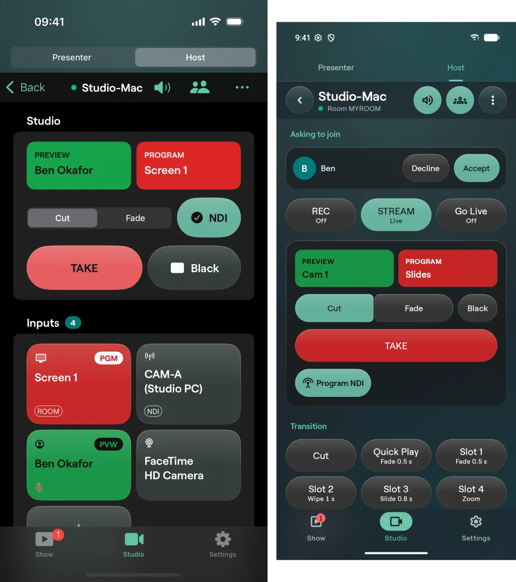 Der Tab Studio auf iPhone und Android mit Preview und Program, Cut und Fade, TAKE und den Quellen