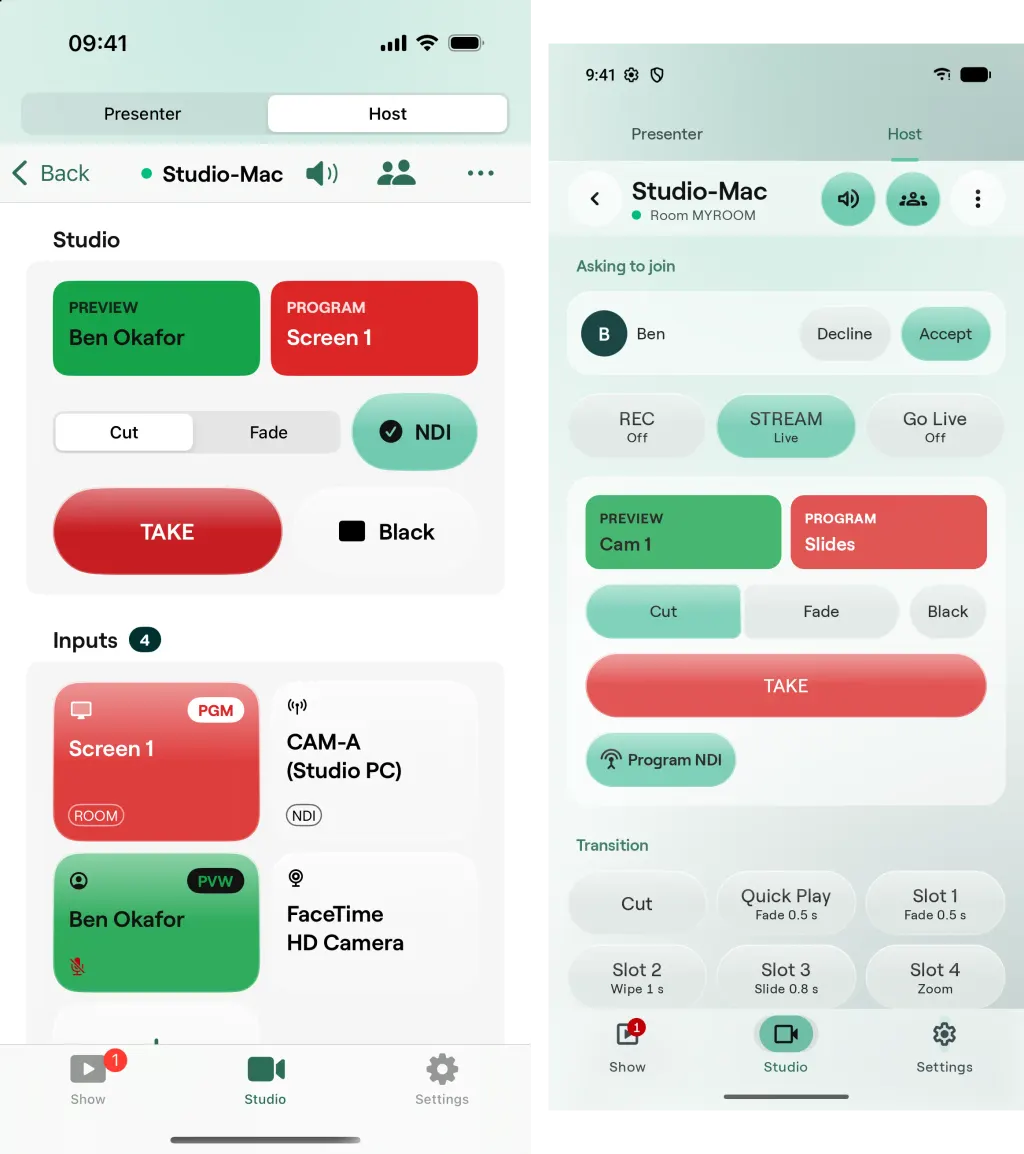 Der Tab Studio auf iPhone und Android mit Preview und Program, Cut und Fade, TAKE und den Quellen