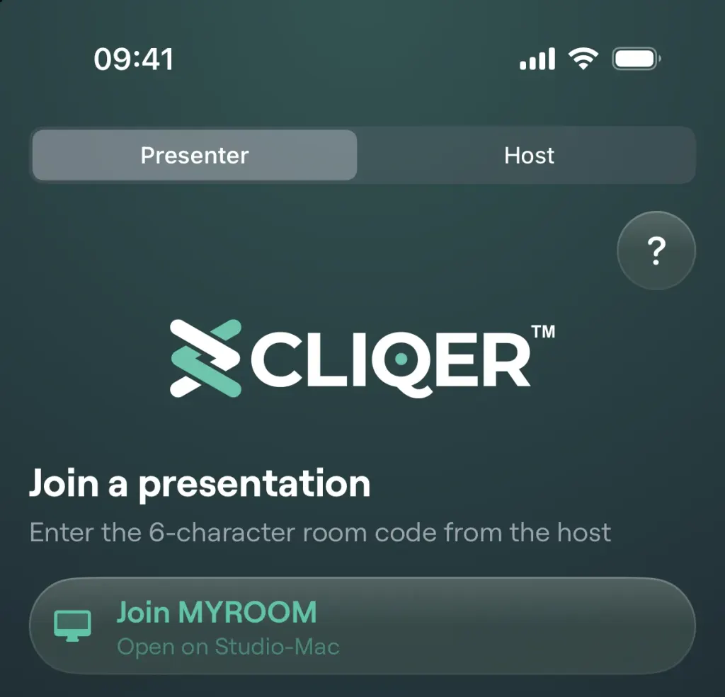 Der Umschalter Vortragende und Host oben auf dem Beitreten-Bildschirm auf dem iPhone, mit einer Schaltfläche zum Beitreten mit einem Tippen für den Raum, den der Host geöffnet hat