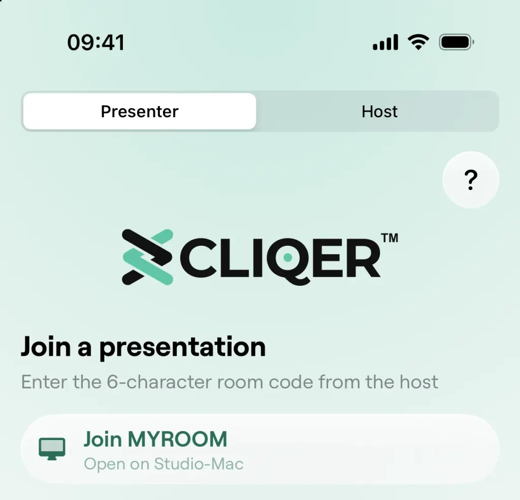 Der Umschalter Vortragende und Host oben auf dem Beitreten-Bildschirm auf dem iPhone, mit einer Schaltfläche zum Beitreten mit einem Tippen für den Raum, den der Host geöffnet hat