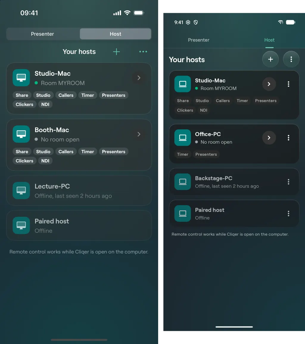 Die Liste „Ihre Hosts“ auf iPhone und Android mit vier gekoppelten Computern, jeweils mit ihrem Raum oder dem Zeitpunkt, zu dem sie zuletzt geöffnet waren