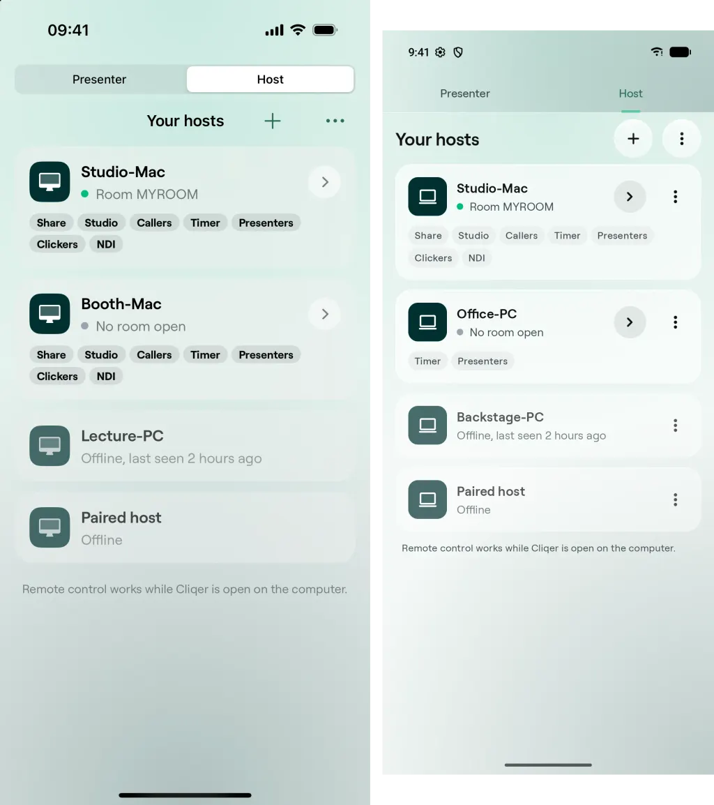 Die Liste „Ihre Hosts“ auf iPhone und Android mit vier gekoppelten Computern, jeweils mit ihrem Raum oder dem Zeitpunkt, zu dem sie zuletzt geöffnet waren