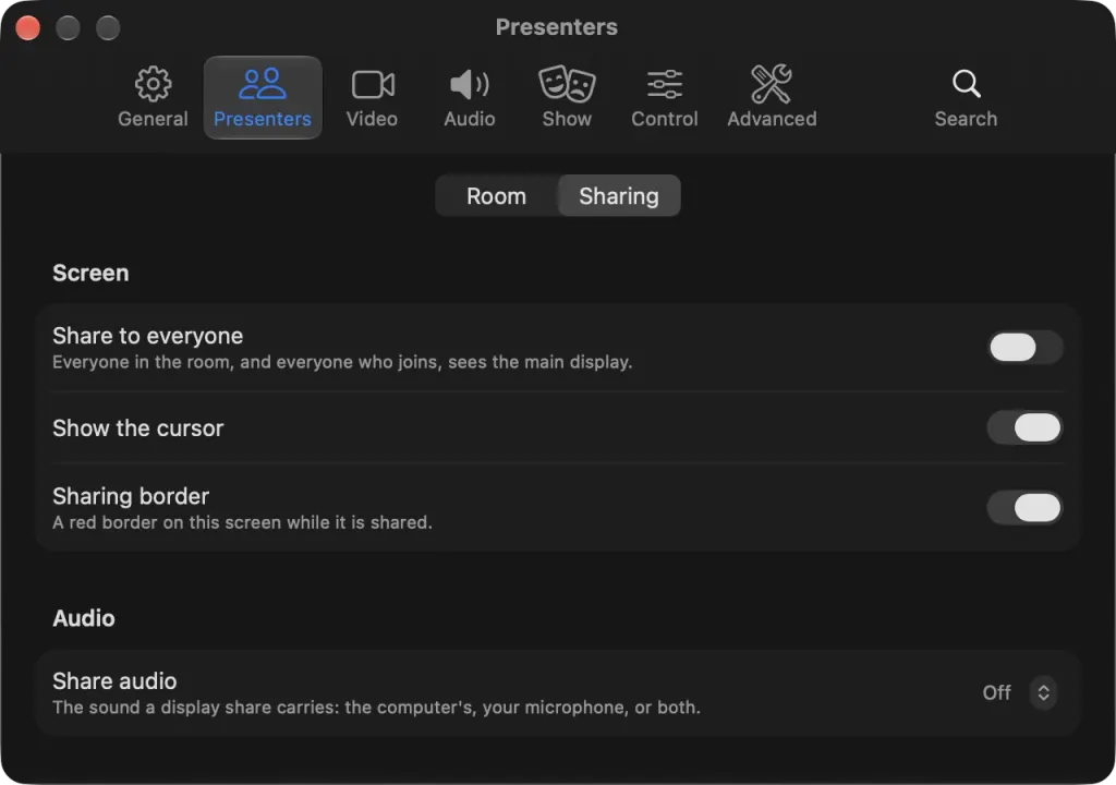 Impostazioni, Relatori, Condivisione su Mac con gli interruttori Schermo e il selettore Condividi audio impostato su Disattivato