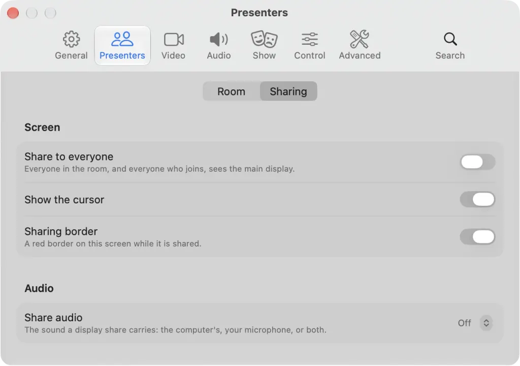 Impostazioni, Relatori, Condivisione su Mac con gli interruttori Schermo e il selettore Condividi audio impostato su Disattivato