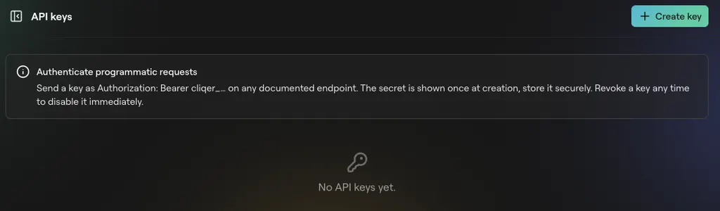 API キーのページ。「キーを作成」ボタンがあり、キーはまだありません