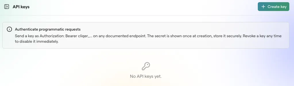 API キーのページ。「キーを作成」ボタンがあり、キーはまだありません