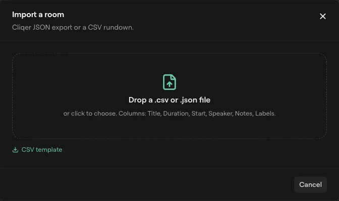 Okno Importuj pokój z polem do upuszczenia pliku .csv lub .json i linkiem do szablonu CSV