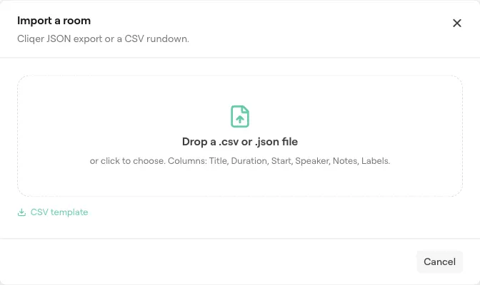 Okno Importuj pokój z polem do upuszczenia pliku .csv lub .json i linkiem do szablonu CSV