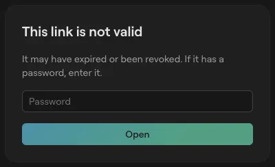 「このリンクは無効です」と表示され、パスワード欄と「開く」ボタンがあるカード