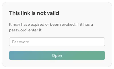 「このリンクは無効です」と表示され、パスワード欄と「開く」ボタンがあるカード