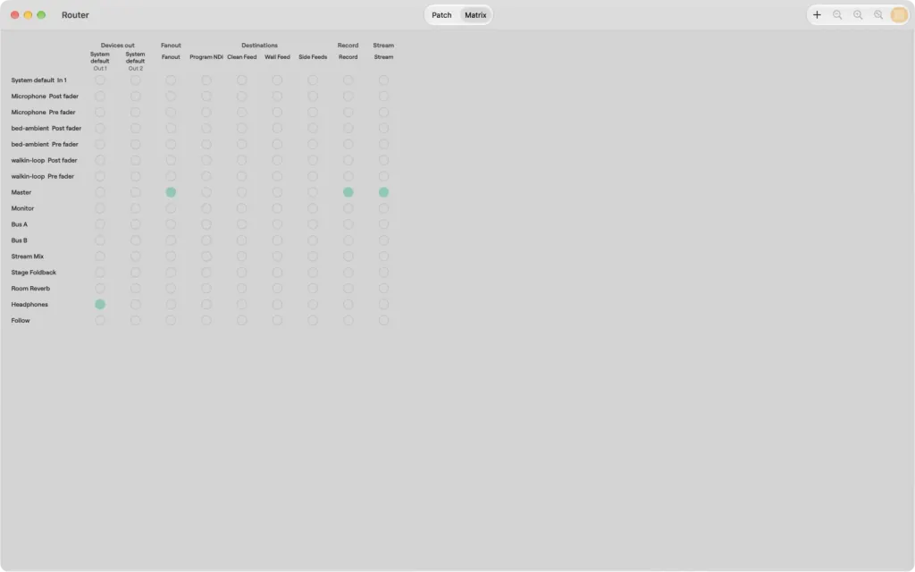 The Router window on Mac in Matrix view, sources as rows and destinations as columns