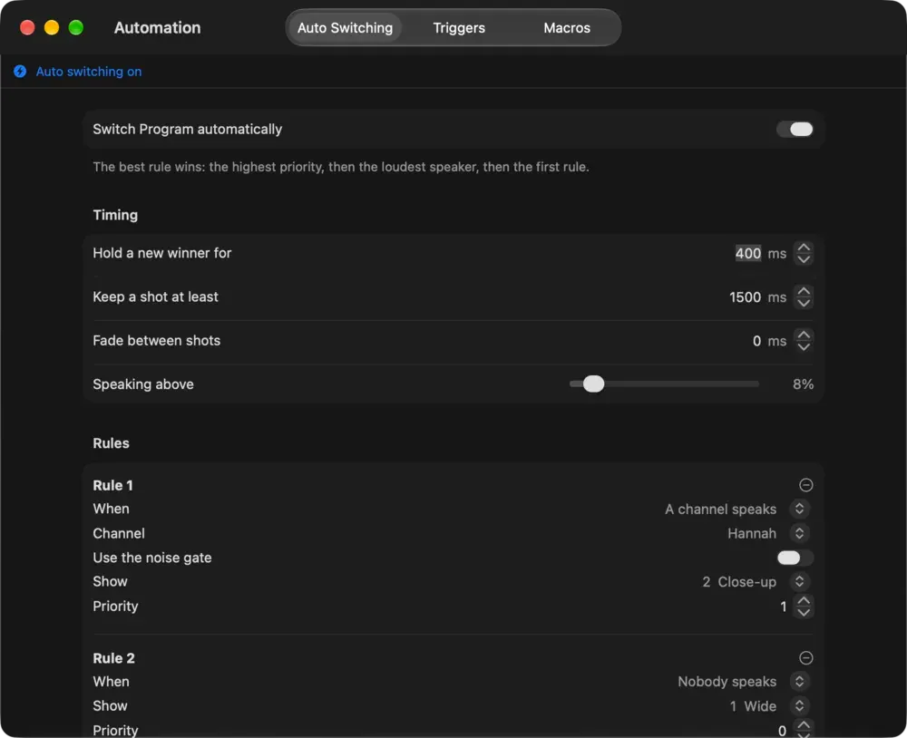The Automation window on macOS, Auto Switching tab, with timing and two rules