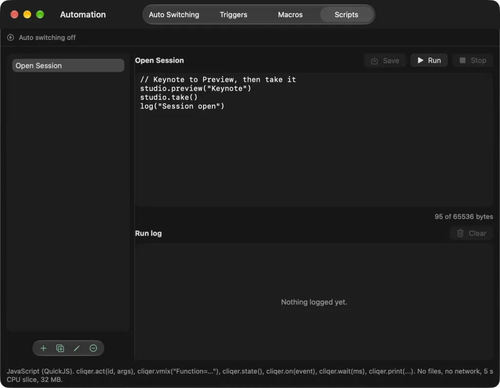 The Scripts tab on macOS with a script, its source and the Run log