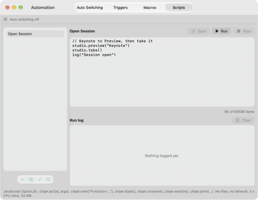 The Scripts tab on macOS with a script, its source and the Run log
