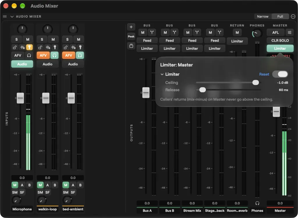 The Audio Mixer on macOS with the Limiter: Master panel open over the output strips, showing the ceiling and release, next to the Microphone, walkin-loop and bed-ambient input strips