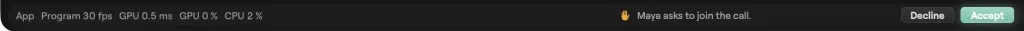 The Studio status bar on macOS with a presenter asking to join the call, and Decline and Accept buttons