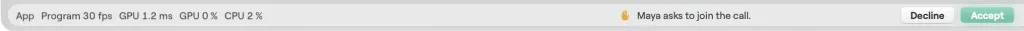 The Studio status bar on macOS with a presenter asking to join the call, and Decline and Accept buttons
