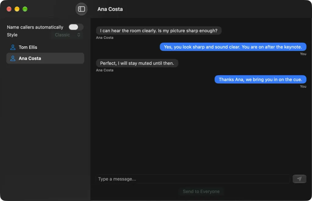 The caller chat on macOS with Ana Costa: her question about her picture and sound, the host's replies, and Tom Ellis waiting in the callers list
