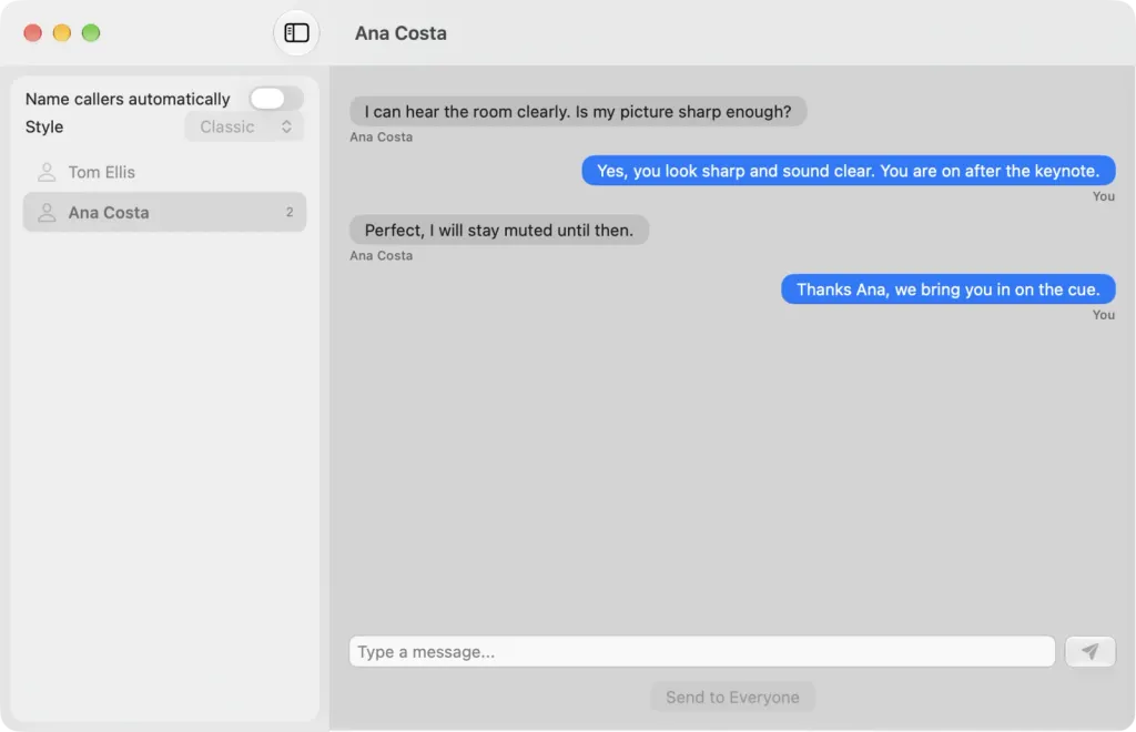 The caller chat on macOS with Ana Costa: her question about her picture and sound, the host's replies, and Tom Ellis waiting in the callers list