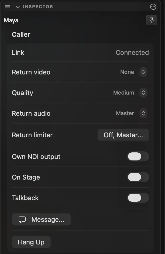The Caller section of a connected video caller's inspector on macOS: Link, Return video, Quality, Return audio, Return limiter, Own NDI output, On Stage, Talkback, Message and Hang Up