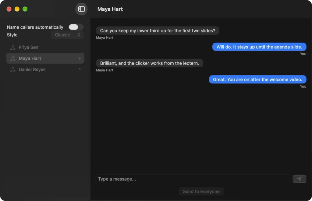 The presenter chat on macOS with Maya Hart: her request to keep her lower third up, the host's replies, and Priya Sen and Daniel Reyes in the list on the left
